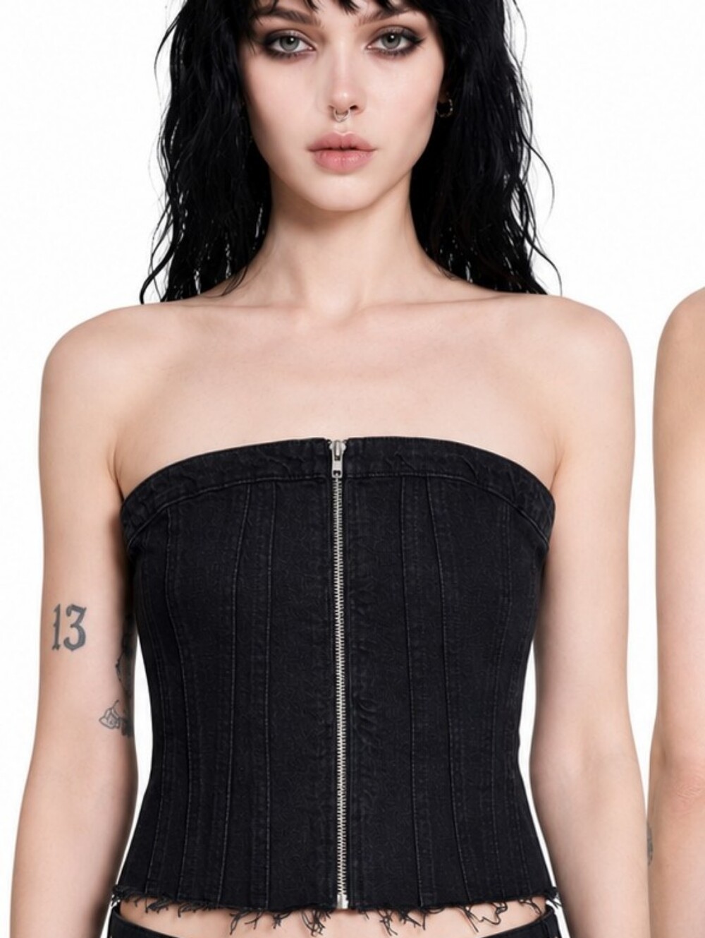 Nwt Zara Black Denim Zip Front Corset Tube Top Raw Hem Jean Ex-Small